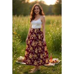 NWT Natural Life Burgundy Floral Midi Skirt Size Medium New With Tags M Bohemian